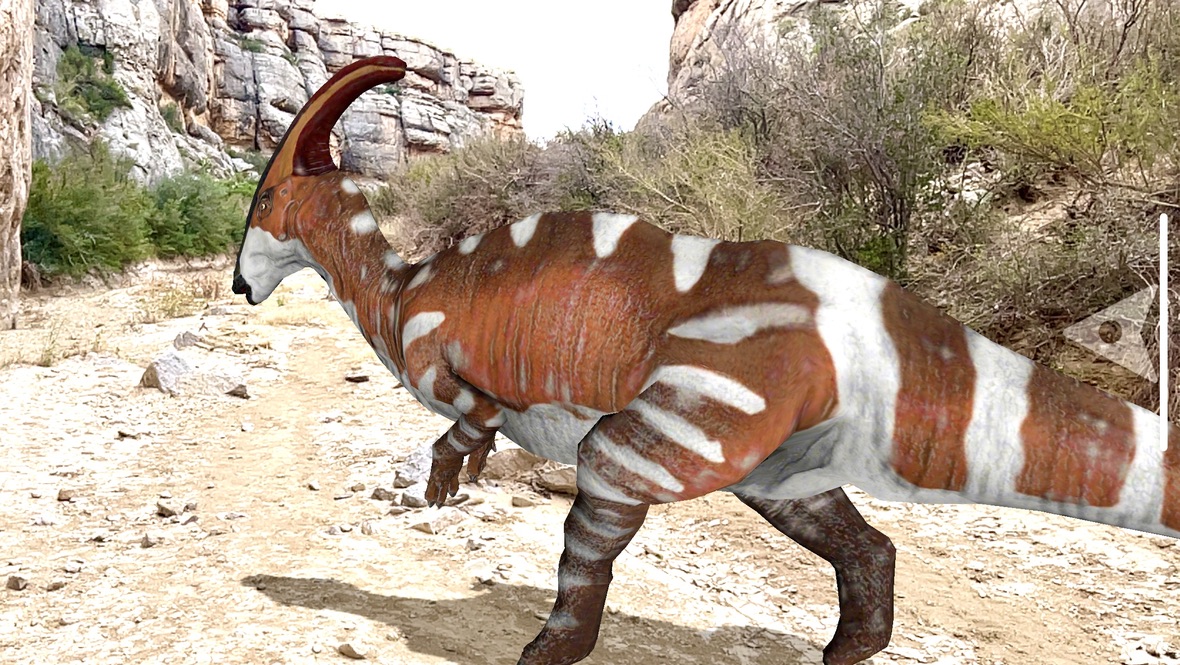 Animated Parasaurolophus in Dog Canyon, Big Bend with visible ground shadow
